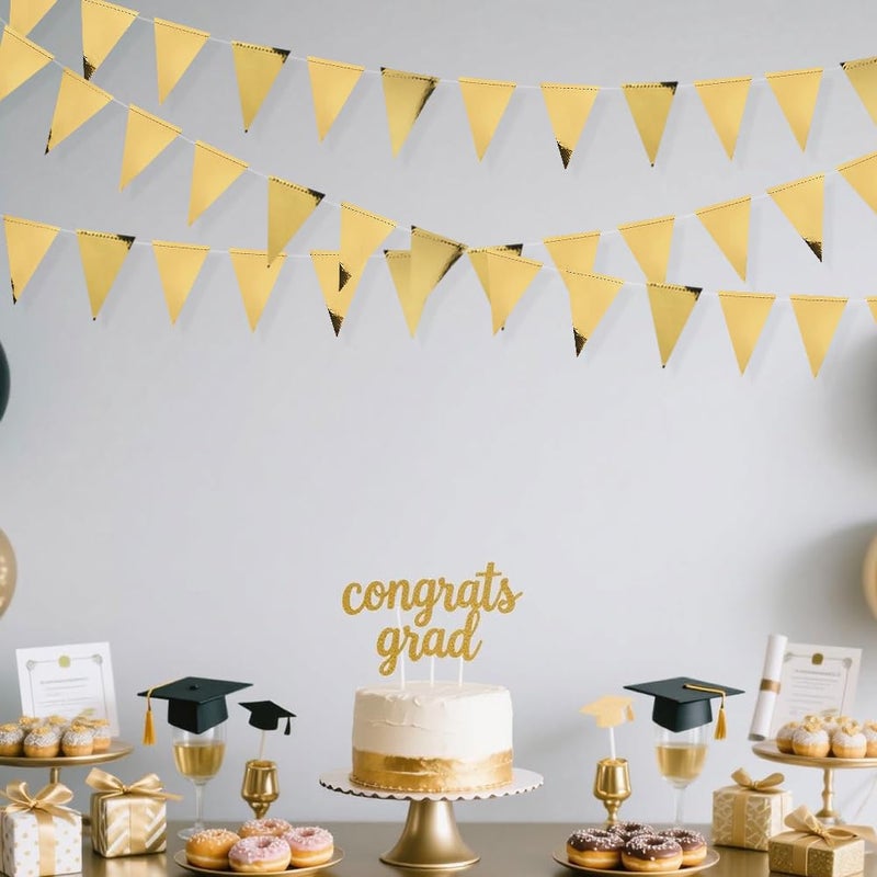 pinkblume 40Ft Gold Party Decoration Triangle Flag Banner Double Sided Metallic Paper Pennant Bunting Garland for Graduation Wedding Bridal Shower Birthday Bachelorette Engagement Anniversary Hen Party Supplies - Image 3
